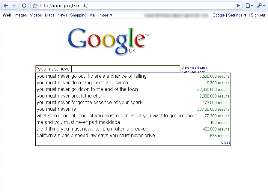 Screendump of weird Google Suggest results